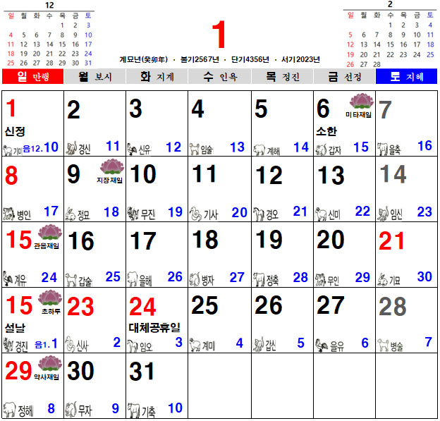 2023년 불교달력, 2023년 음력달력, 2023년 일진달력